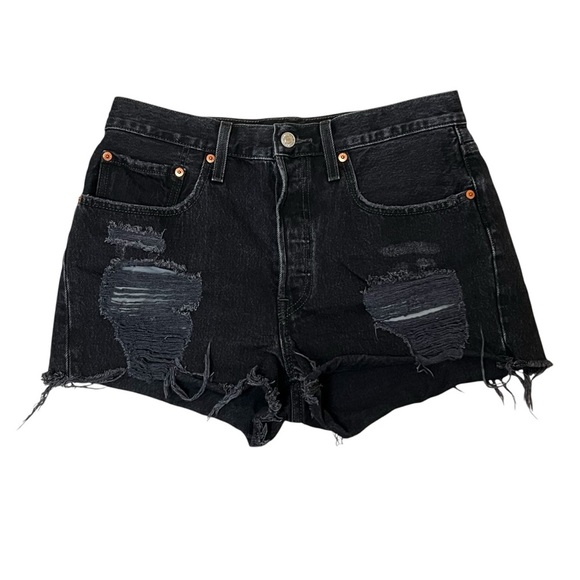 Levi's 501 30 Black Button Fly Raw Hem Distressed Cutoff Denim Jean Shorts - Picture 1 of 9
